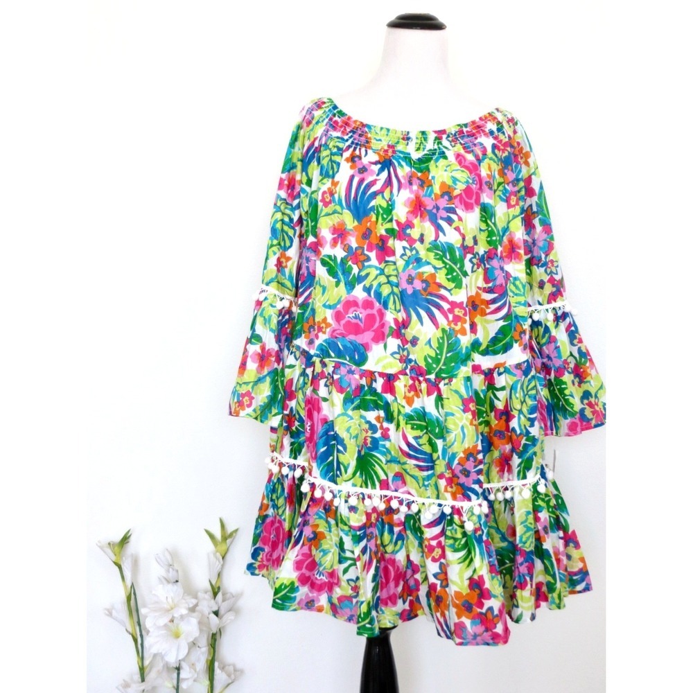 NEW! True Destinations Tropical Off Shoulder Dress Pom Pom SZ XL - Picture 4 of 10